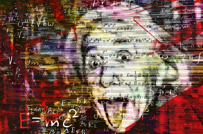 Albert Einstein showing his tongue behind a jumble of scientific formulas