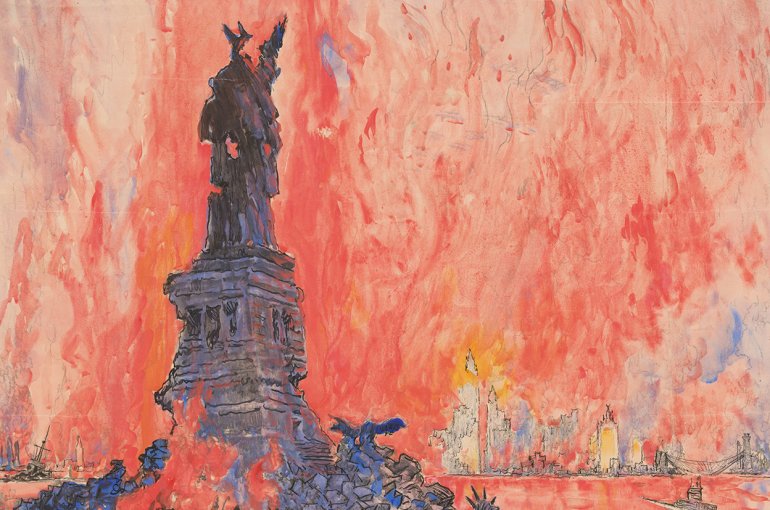 Drawing of the Statue of Liberty in ruins with New York City in flames in the background.