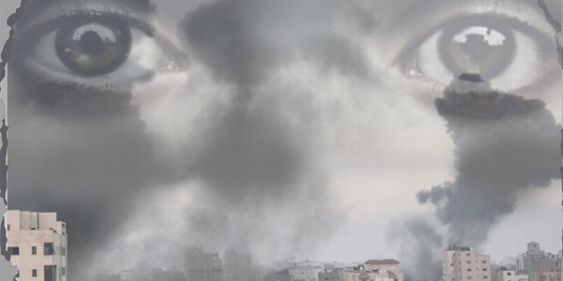Poster van het symposium Beyond Reductionism, twee ogen in de lucht boven de skyline van een grijze stad