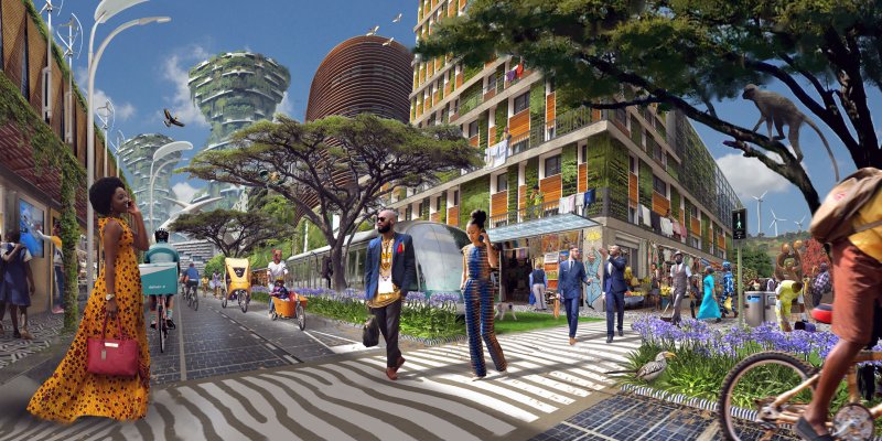 futuristic scene of African city street with lots of green and space for pedestrians